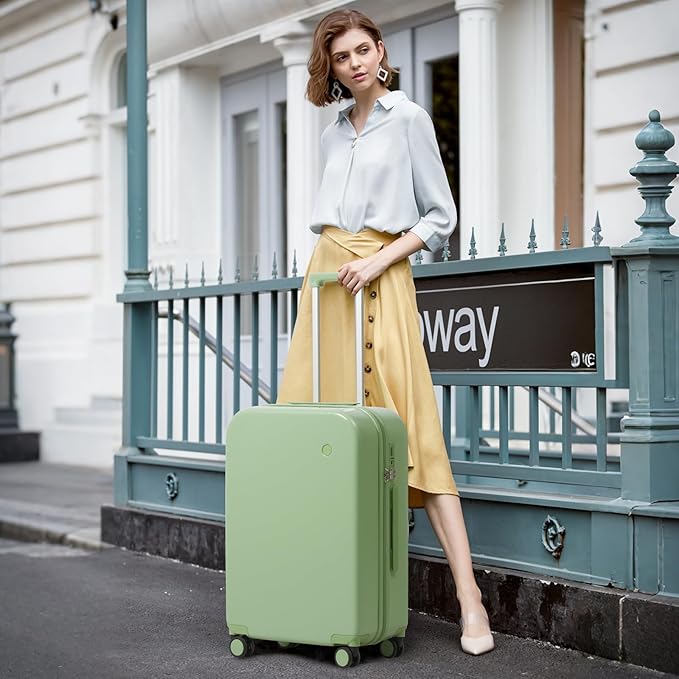 mixi Luggage Suitcase with Spinner Wheels, Hardside Rolling Suitcase PC with Cover & TSA Lock Lightweight Travel Case 22in Checked in, Avocado Green