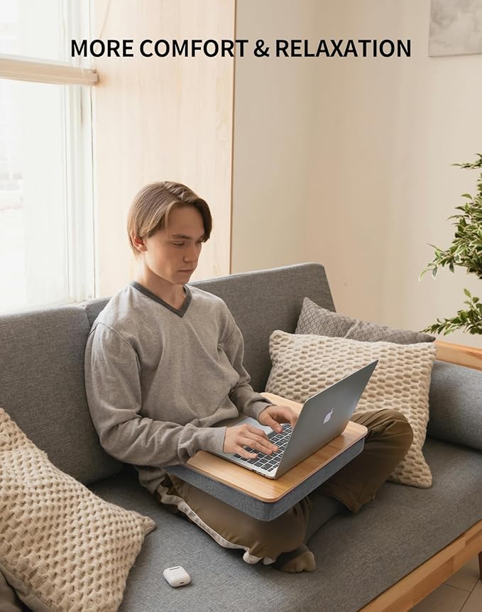 Lap Desk with Pillow Cushion, Portable Laptop Bed Desk, Fits up to 15.6 inch Laptop, Lap Stand for Bed & Couch & Carpet, Book Tablet/Drawing Board - Light Brown Wood