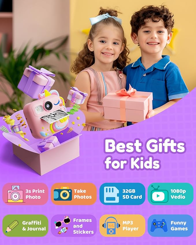 KOKODI Kids Camera Instant Print, Toddler Cameras Christmas Birthday Gifts for Girls Age 3-12, Digital Video Instant Printable Camera for Kids,Toys for Ages 5-7 Girls (Pink)