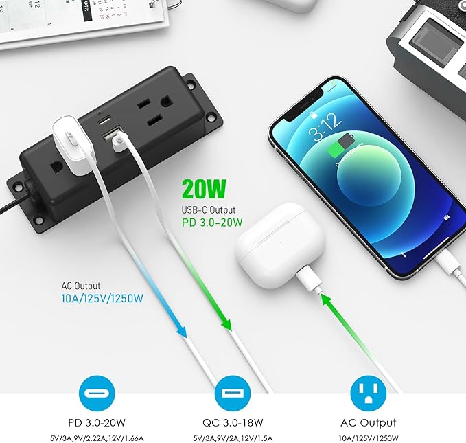CCCEI Wall Mount Power Strip with USB Ports, Under Desk Mountable Power Strip with Outlets, 10FT Flat Plug Extension Cord Outlet, 20W USB-C Ports.