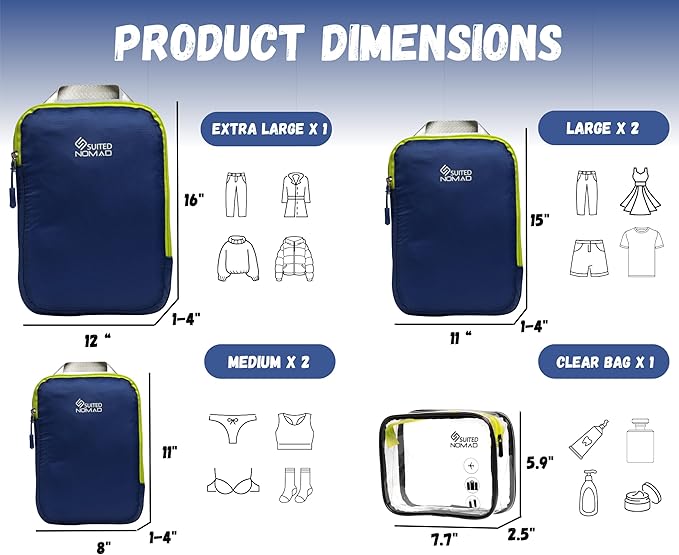 SUITEDNOMAD Ultralight Compression Packing Cubes Set, Suitcase and Backpack Travel Organizer Bags