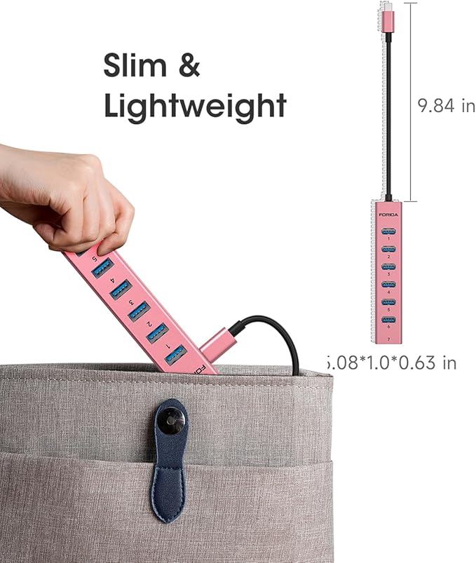 FORIDA USB C Hub-8 Port USB HUB with 7 USB3.0 Data Ports,Aluminum Alloy USBC Splitter with Type C 5V/3A Power Port Compatible with MacBook,iPad,Surface Pro,Laptop,PC (Rose Gold,USB C-9.8in)