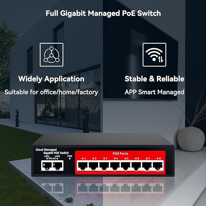 STEAMEMO 10-Port Gigabit Managed PoE Switch, 8 PoE+ Ports@120W, 2 Uplink Ports, VLAN, PoE Scheduler, Fanless, Plug and Play, Sturdy Metal, Desktop and Wall-Mount