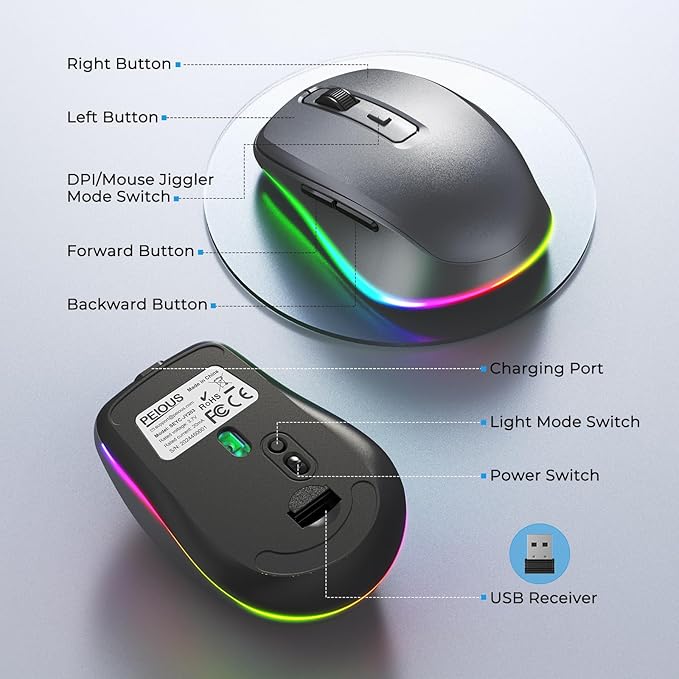 PEIOUS Wireless Mouse Jiggler - LED Wireless Mice with Build-in Mouse Mover, Rechargeable Moving Mouse for Laptop with Undetectable Random Movement Keeps Computers Awake - Space Grey