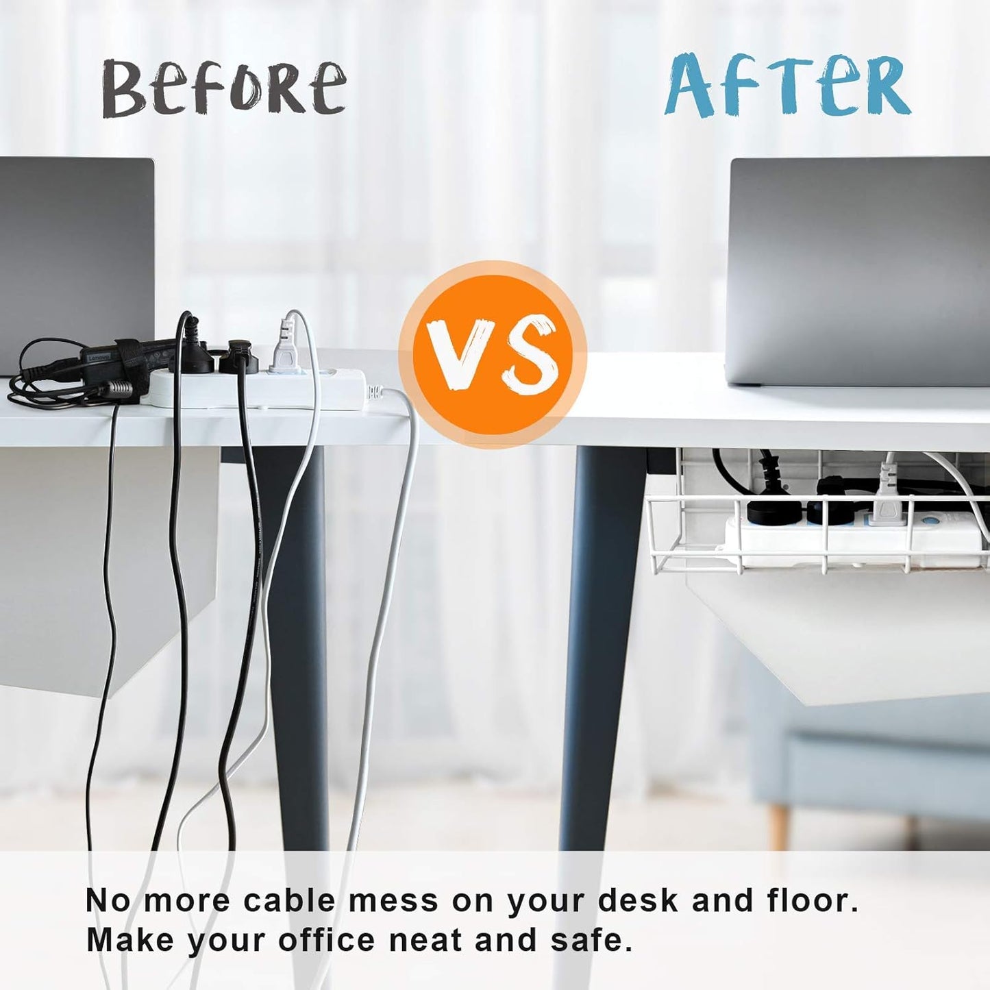 Under Desk Cable Tray - 2 Pack Cable Raceway for Wire Management. Metal Wire Organizer for Office, Studio and Home. Super Sturdy Cord Organizer for Desk - White Cable Management Under Desks