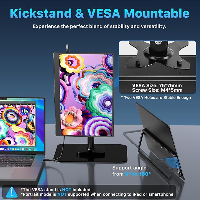 Portable Monitor 14" 4K 3840X2400 100000:1 100% DCI-P3 60Hz OLED HDMI USB-C Travel Monitor for Laptop MacBook PC Surface PS5 Xbox, External Display with Kickstand & Speakers, VESA Compatible