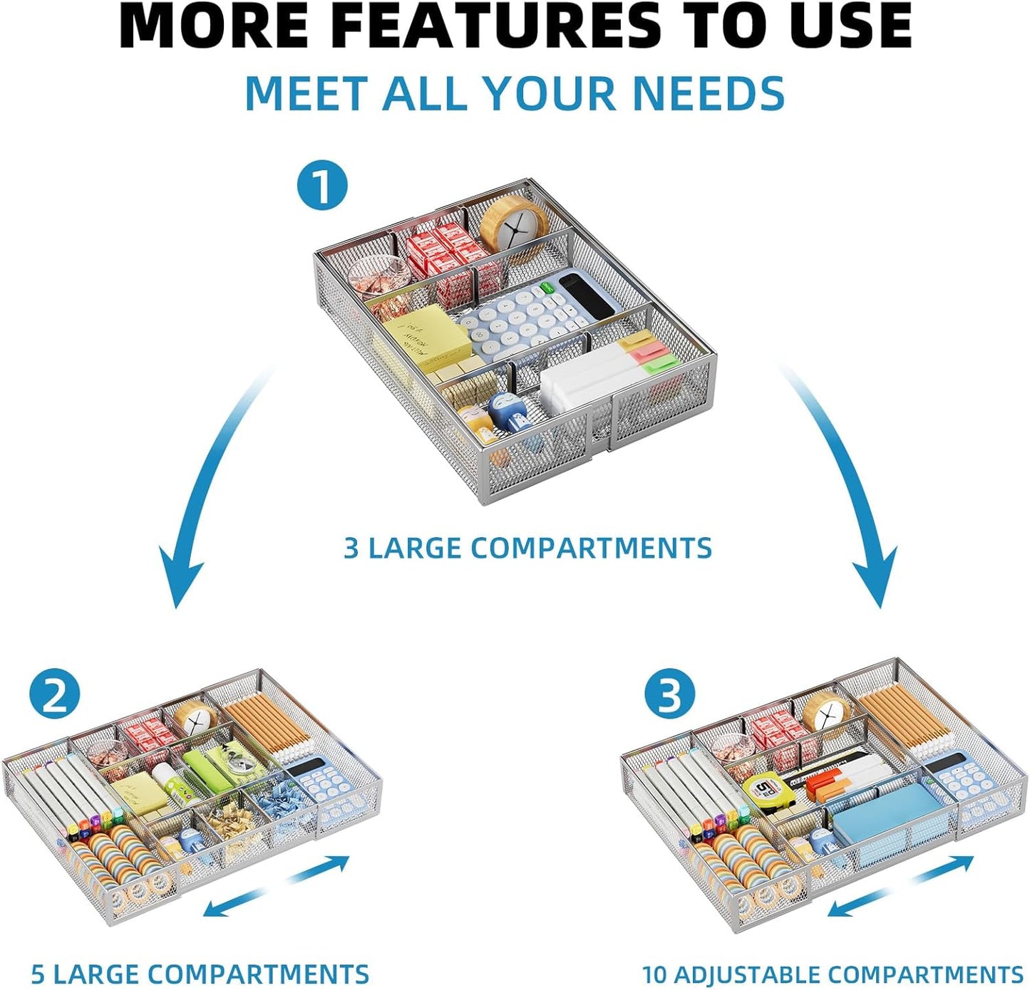 Marbrasse Expandable Desk Drawer Organizer, Mesh Tray with 10 Adjustable Compartments, Desk Organizers for Office Supplies, Makeup & Vanity (Expandable-Silver)