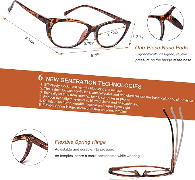 EYEURL 4 Pack Cat Eye Reading Glasses for Women Blue Light Blocking Readers Lightweight Spring Hinge Anti Eyestrain UV Fashion Eyeglasses +2.0