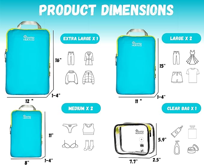 SUITEDNOMAD Ultralight Compression Packing Cubes Set, Suitcase and Backpack Travel Organizer Bags
