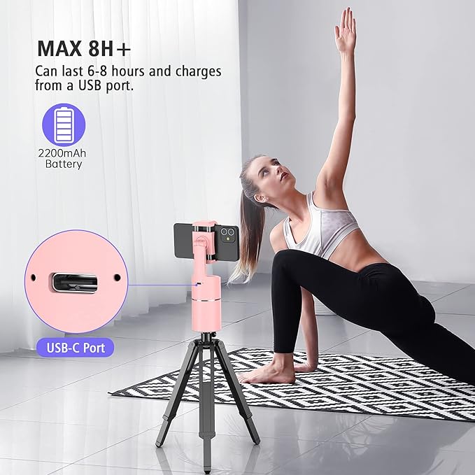 Auto Face Tracking Phone Holder, No App Required, 360° Rotation Face Body Phone Tracking Tripod Smart Shooting Camera Mount for Live Vlog Streaming Video, Rechargeable Battery-Pink