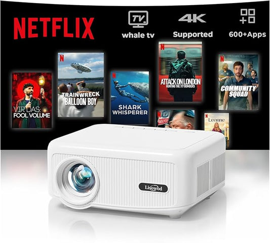 Projector with WiFi and Bluetooth [for Netflix & 600+ Native Apps & 800 ANSI] Outdoor-Projector: Electric Focus & 4P Keystone, Lisowod L02 1080P Portable-Mini-Movie-Projector with Whale TV