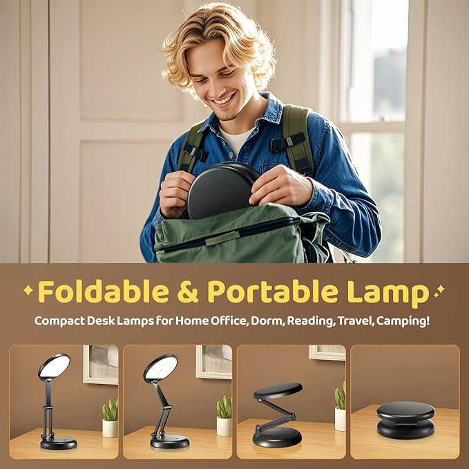 COOLNIGHT Small Desk Lamp, 10 Brightness LED Desk Lamp for Home Office, Rechargeable & Cordless, Eye-caring, Black