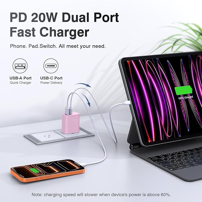20W USB-C Wall Charger, [2 Pack] Fast Charge Power Brick Cube for iPad, iPhone, iPod, Samsung Galaxy, Moto, Huawei, HTC, LG, Nokia, PlayStation5, PD+QC3.0 Dual Port Charging Box Cube Block, Pink