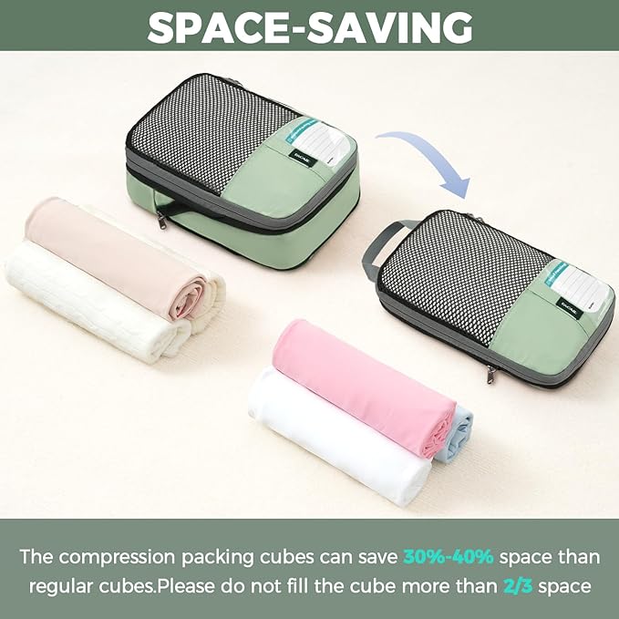 BAGAIL 4 Set/6 Set/8 Set Compression Packing Cubes Travel Accessories Expandable Packing Organizers(HalfMesh, 8-MatchaGreen)