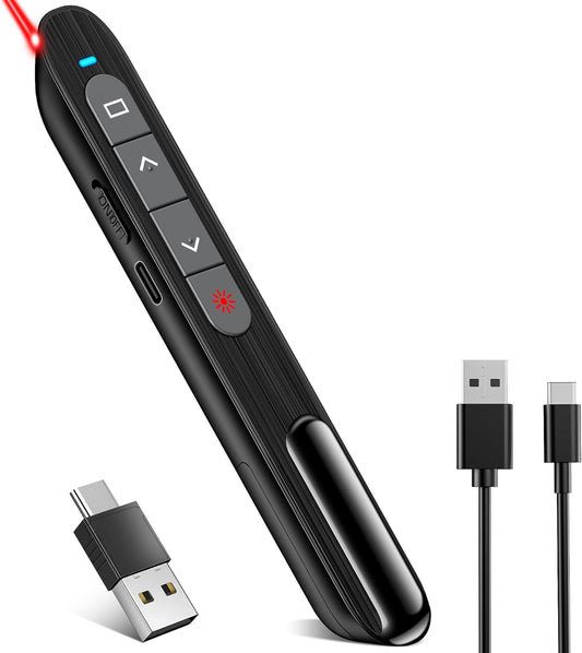 2-in-1 USB Type C Presentation Clicker with Red Light Pointer, Rechargeable Wireless Clicker for Powerpoint Presentations Support Hyperlink Volume Control, Presentation Remote for Mac Windows Keynote