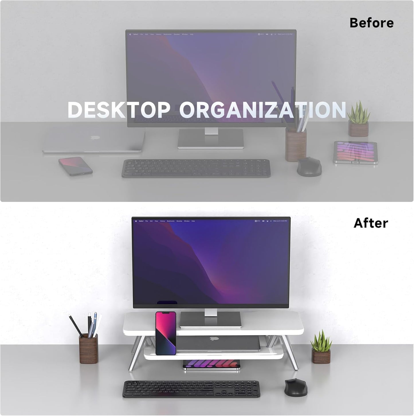 Fenge Monitor Stand, Monitor Stands Riser for Desk, 23.6 Inch Wood Desk Shelf with Storage Organizer and Cable Management for Office Desk Accessories