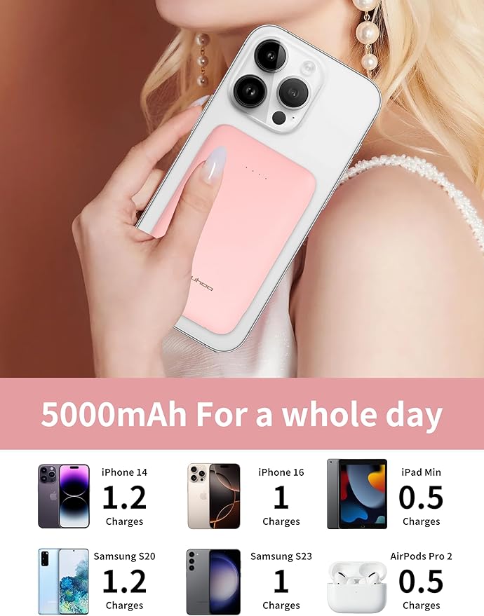 Portable Charger, Slimmest 5000mAh Portable Charger with Built in USB-C Cables, USB C in&out Charging Battery Pack, External Phone Powerbank Compatible with iPhone, Android, 2 Pack White & Pink