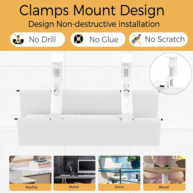 Under Desk Cable Management Tray 15.7" - No Drill Computer Wire Organizer Cable Tray, Fabric Cord Hider Clamp Mount, with 16X Cable Ties PC Cables Management Cord Holder for Office/Home (White)