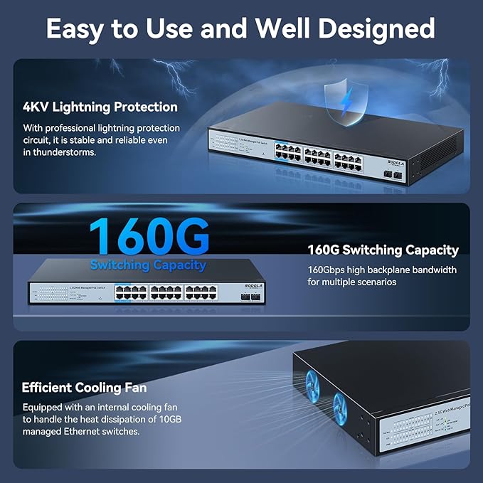 24 Port 2.5Gb PoE Switch Easy Smart Managed 24 PoE+ Port @500W, 2 x 10G SFP+, IEEE 802.3af/at/bt 90W Supported,LACP/QoS/VLAN/IGMP, 1U Mounted Multi-Gigabit PoE Switch