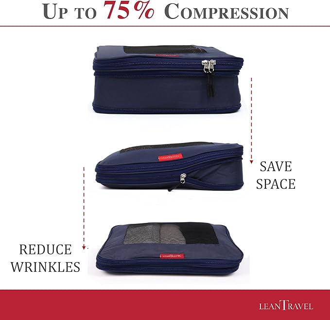 LeanTravel Compression Packing Cubes for Travel Organizers with Double Zipper (6-Pack (2L+2M+2S), Navy)