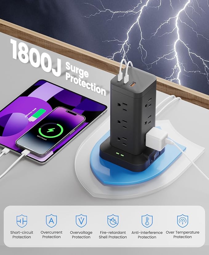 15-in-1 Power Strip Tower with Surge Protector 1800J, Fast Charging Tower PD20W USB-C Ports with 12 AC Outlets, 6ft Extension Cord for Home Office Dorm Room, Black