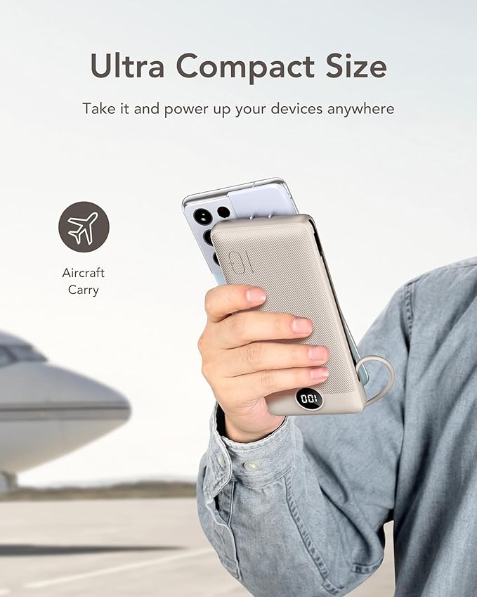 VEGER Portable Charger with Built-in AC Plug and Cables, All in One 10000mAh Ultra-Slim Power Bank, 15W Fast Charging for iPhone, Samsung, Android, Travel Essential (Coffee)