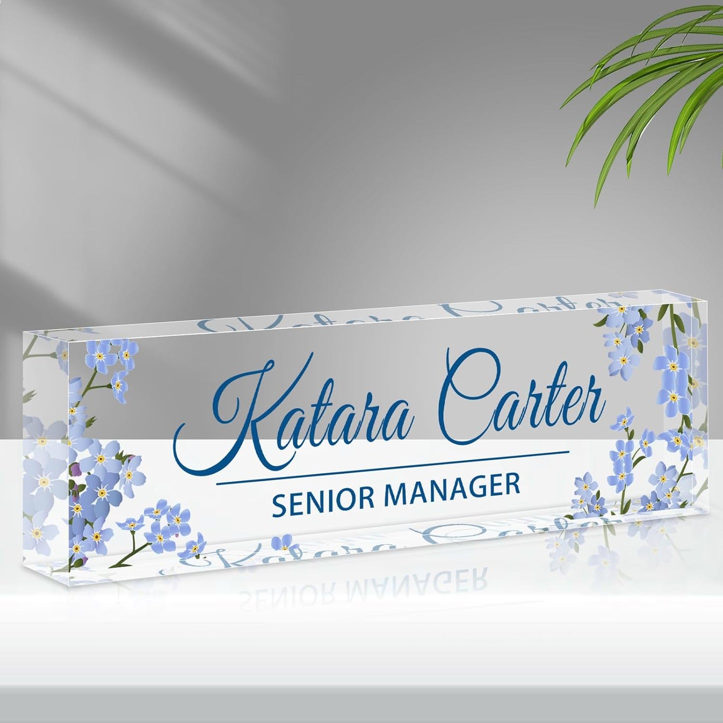 Name Plate for Desk Personalized, Acrylic Desk Decorations, Employee Appreciation Gifts, Custom Office Gifts for Coworkers, Boss, Teacher, Nurse (Blue Bouquet)