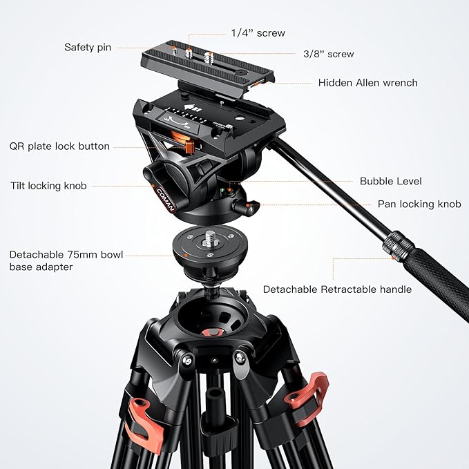COMAN Camera Tripod, Heavy Duty Tripod for Camera with 72" Aluminium and 360 Degree Fluid Head for Canon Nikon DSLR Camcorder Video Shooting