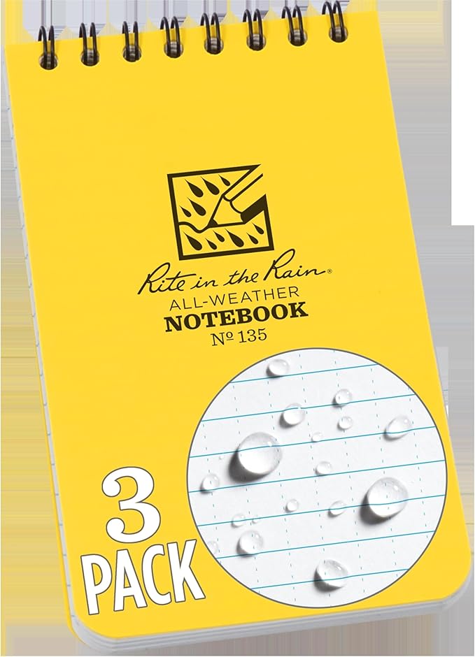 Rite in the Rain Weatherproof Top Spiral Notebook, 3" x 5", Yellow Cover, Universal Pattern, 3 Pack (No. 135-3)