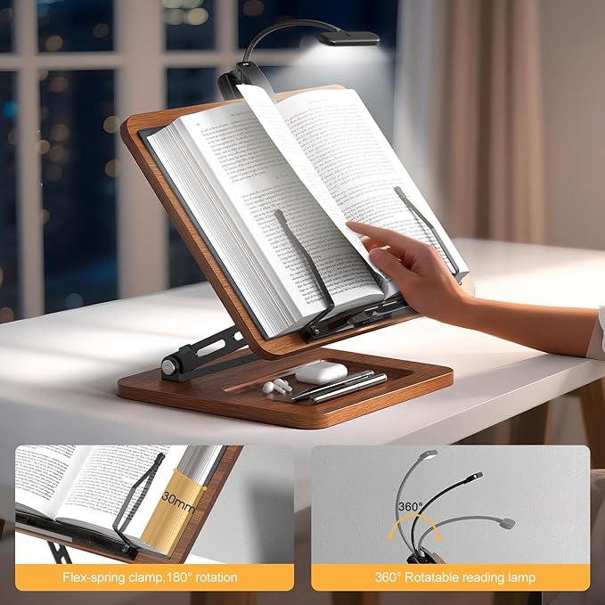 Book Stand for Reading with Light, Book Holders for Reading Hands Free, Adjustable Height & Angle, Fits Cookbook Recipe, Textbook, Kindle,Foldable for Kitchen, Office, School,Gift for Book Lovers