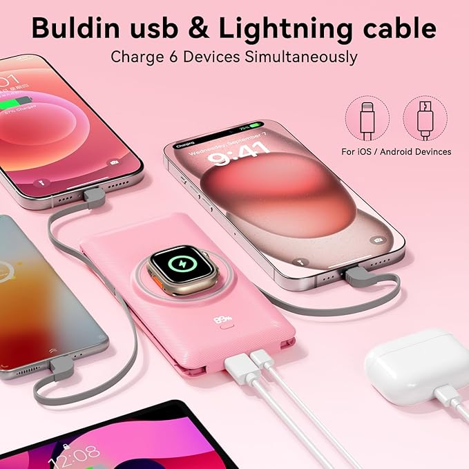 Magnetic 10000mAh Portable Charger for iWatch & iPhone, 22.5W USB C Fast Charging Wireless Power Bank Built-in Cables and Wall Plug, External Travel Battery Pack Compatible with iOS Android Devices