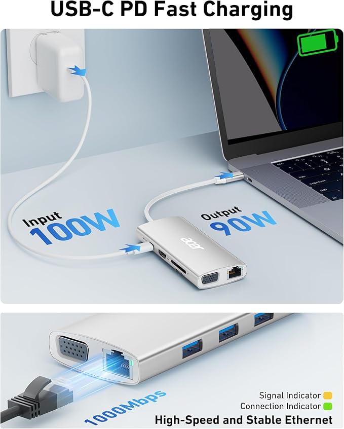 Acer USB C Hub with 4k@30Hz HDMI, 9-in-1 USB C to Ethernet Adapter, 5Gbps USB-A 3.1 Docking Station, PD 100W Charging, SD Card Reader, USB to VGA Splitter for MacBook, Acer, Laptops, Surface (Silver)