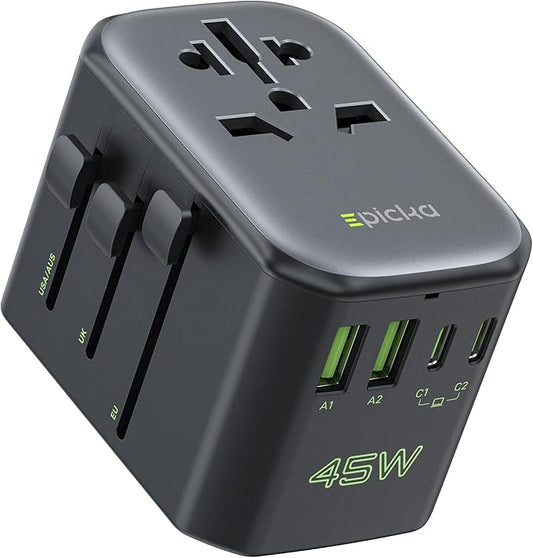 EPICKA Pulse 45W European Travel Plug Adapter, Universal Power Adapter with PD Fast Charging, 5-Port (1 AC/2 USB-A/2 USB-C) International Charger Adapter for Europe, Japan - Travel Essentials (Black)