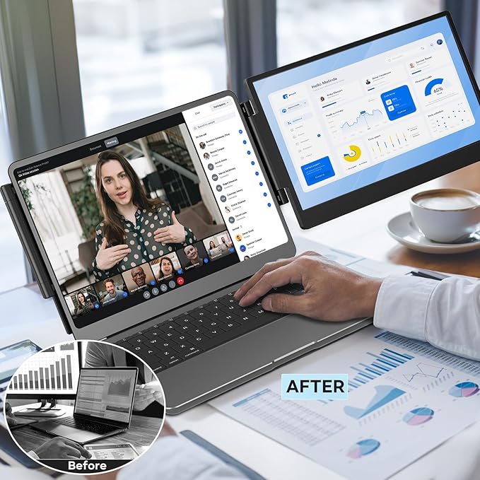 ZUMWALT Portable Laptop Screen Monitors Extender - 14" 1080P FHD Portable Monitors with Adjustable Stand for 13''-16.1'' Laptop, Plug and Play, Compatible with Wins/MacOS/Chrome/Android/PS5/Switch