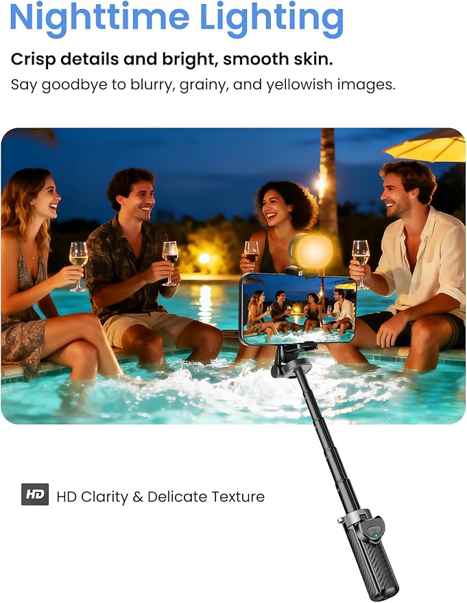 4-in-1 Multifunctional 360°Rotation Selfie Stick for iPhone with Fill Light for Low Light Environment & Indoor Scenes - Foldable Pocket LED Phone Selfie Stick Tripod