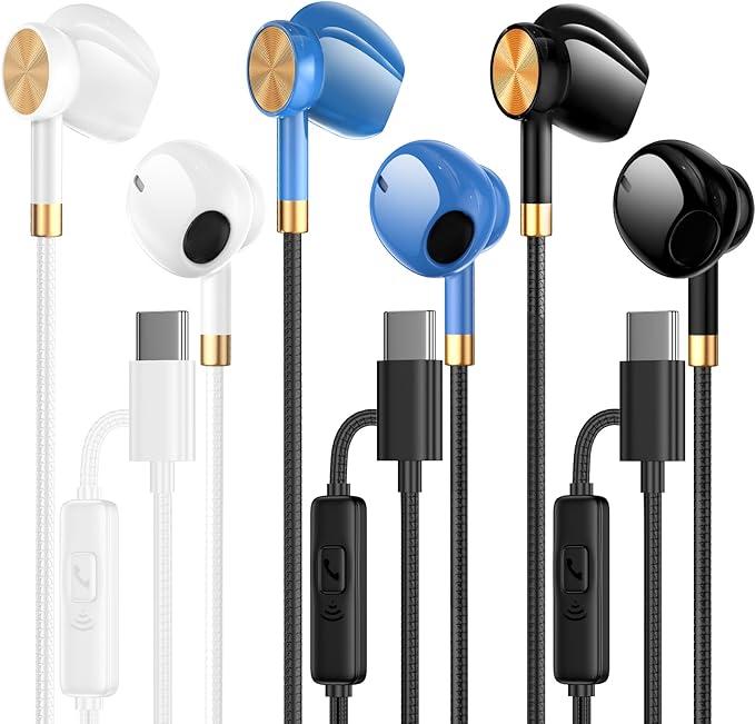 USB C Headphones Earbuds 3 Pack - USB C Earphones Noise Isolating, in-Ear Type C Ear Buds Wired with Microphone Heavy Bass Compatible with Phones, Android and Other Interfaces (Type C)
