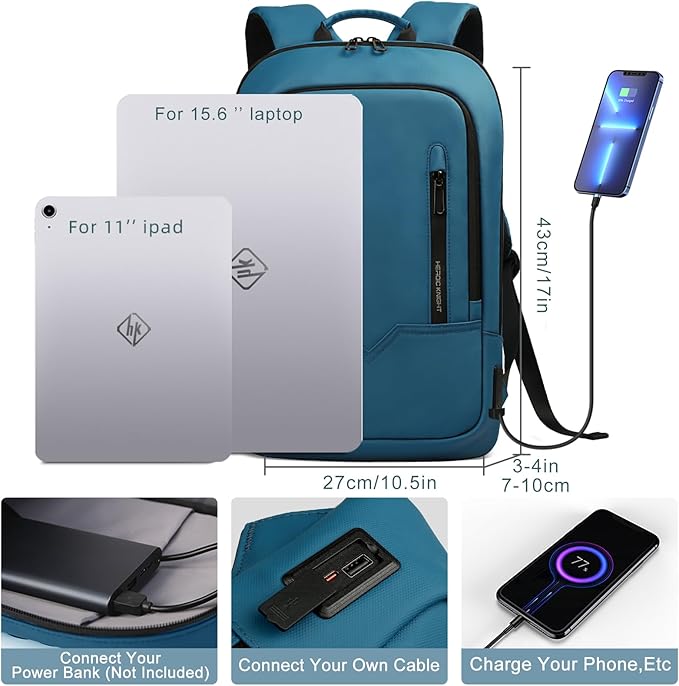 hk Backpack for Men Business Slim Backpack with USB Charger Computer Lightweight Anti-theft Travel (Dark Blue, 15.6 Inch)