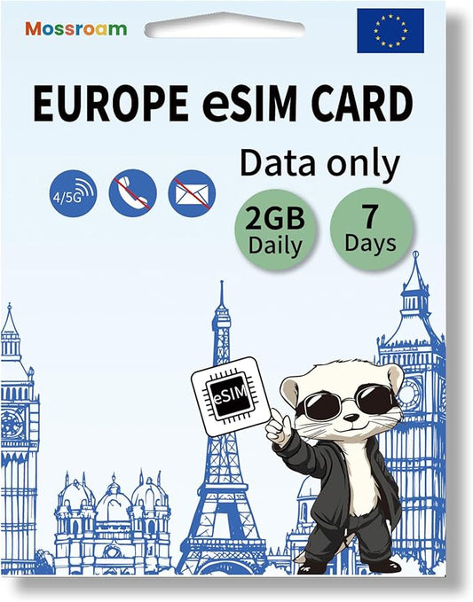 eSIM for Europe Travel,2GB Data/Daily 7 Days at 4G/5G speeds,Data Only eSIM,Use Europe eSIM in UK & 30+ Countries in The EU