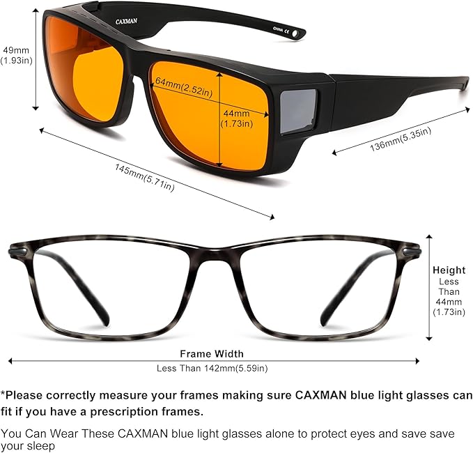 CAXMAN 99.9% Blue Light Glasses Sleep Glasses Orange Tinted Lens for Good Sleep Fit Over Glasses Fully Covered Your Eyes