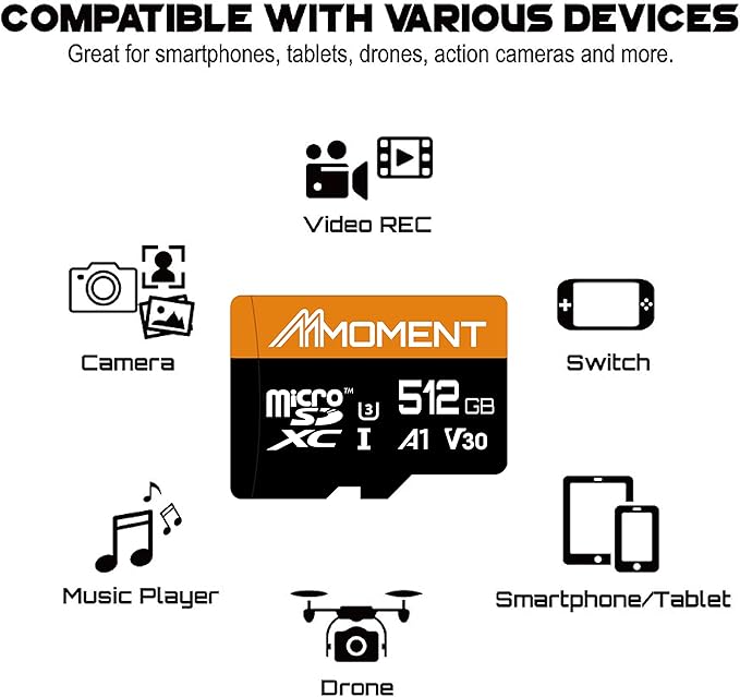 MMOMENT 512GB Micro SDXC Card, A1, V30, UHS-I, U3, Class 10 Compatible, Read Speed Up to 95 MB/s,Write Speed Up to 70MB/s, SD Adapter Included