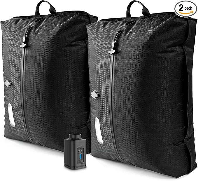 Vacuum Travel Bags with Pump Wireless, 2PC Reusable Compression Bags for Travel, Double Layer Travel Vacuum Bags for Luggage with IP67 Waterproof, Vacuum Seal bags for Clothing travel, 45L, 2PC+Pump