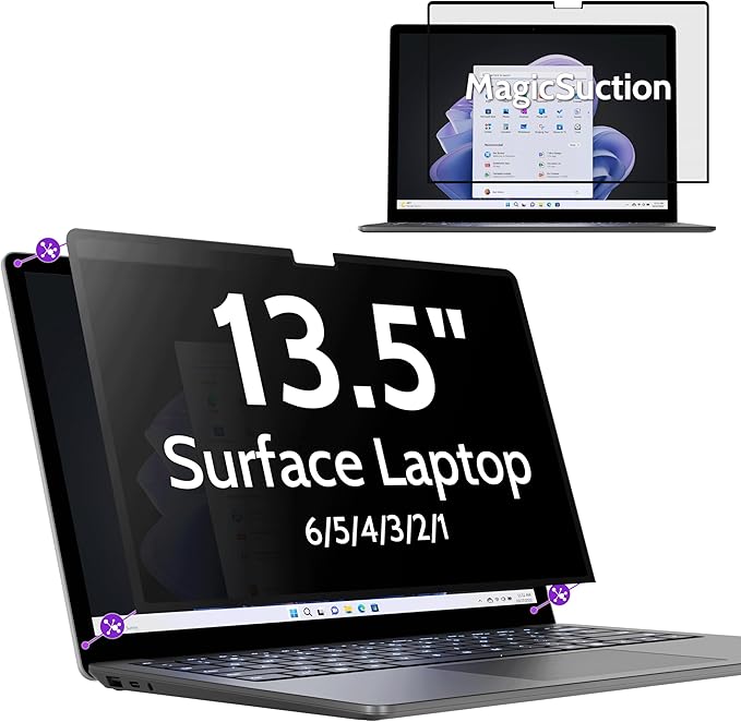 Privacy Screen for 13.5 Inch Surface Laptop 6/5/4/3/2/1, MagicSuction™ Removable Anti Spy Black Protector, Glare Blue Light Filter for Microsoft Laptop Computer Monitor