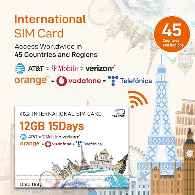 International Data SIM Card 12GB for 15 Days–4G LTE Coverage 45 Countries in USA,UK,Europe,Asia and Africa Prepaid Travel Data Only SIM for Unlocked WiFi Mobile Hotspot,Phones and Tablet–No Contract