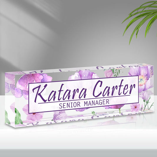 Name Plate for Desk Personalized, Acrylic Desk Decorations, Employee Appreciation Gifts, Custom Office Gifts for Coworkers, Boss, Teacher, Nurse (Purple Floating Flowers)