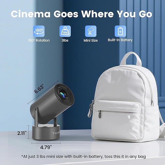 Portabler Projector with Built-in Battery, Outdoor Movie Projector for Camping, Backyard, Bedroom, Mini Projector with WIFI and Bluetooth, 180° Rotatable Stand, Auto Keystone, Electric Focus