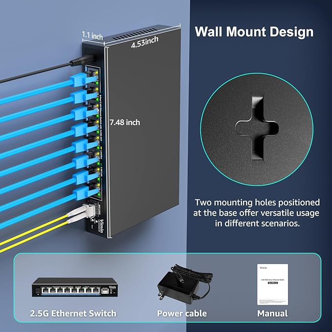 8 Port 2.5G Web Managed Ethernet Switch with 10G SFP, VIMIN 9 Port 2.5G Smart Network Switch Managed 60Gbps Switching Capacity, Support Vlan/QoS/IGMP/Static Aggregation, Desktop/Wall-Mount, Fanless