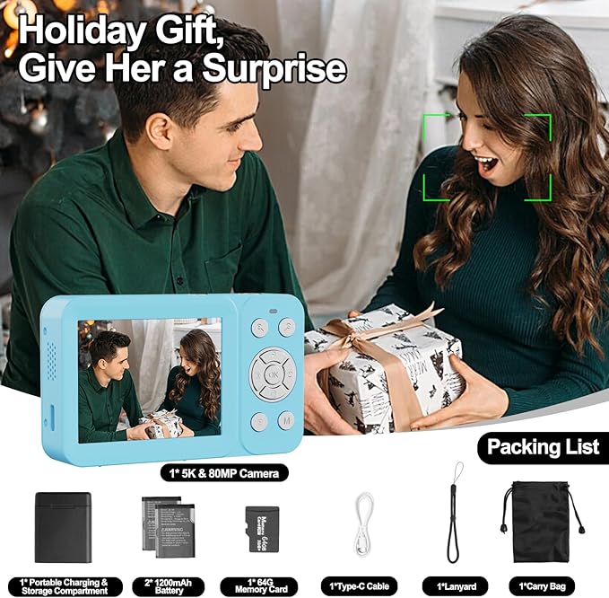 Upgraded 5K Dual Screen Digital Camera,80MP Vlog Photography Camera for YouTube,Campus,Travel,Compact Point & Shoot Camera for Teens & Beginners with Autofocus,18x Zoom,Anti-Shake,Blue