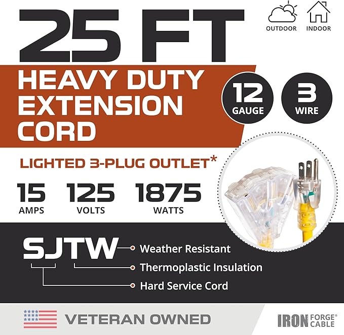 Iron Forge Cable 2 Pack 25 Foot Lighted Outdoor Extension Cord with 3 Outlets - 12/3 SJTW Heavy Duty Yellow Extension Cable 3 Prong - Multiple Outlets