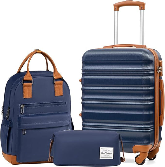 LONG VACATION Carry On Luggage Sets 3 Piece 20 Inch Suitcase Set, ABS+PC Hardshell Lightweight Travel Luggage with Spinner Wheels & YKK Zipper TSA Lock (20 INCH (BP/TB), NAVY)