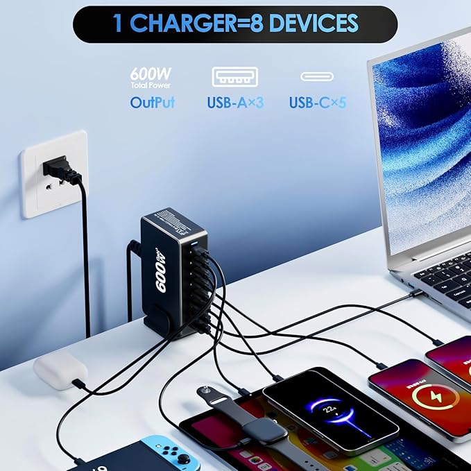 600W Desktop Charger,8-Port USB C Charging Station Fast Charging Block, GAN3 Multi Device Charging Block Laptop Charger Adapter,Charging Hub for iPhone, iPad, MacBook, Samsung and Home Office Use